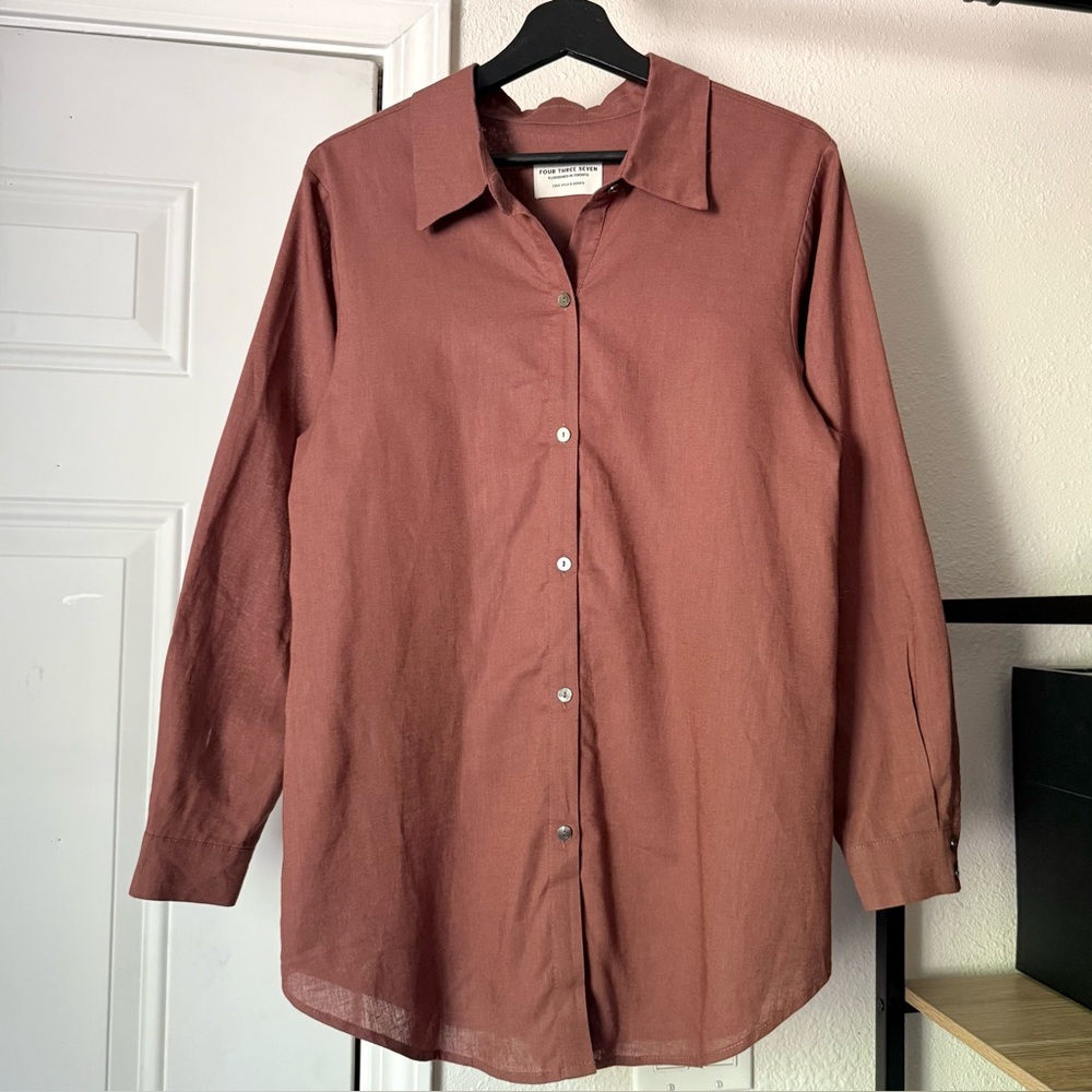 FOUR THREE SEVEN 437 Toronto rust clay red linen organic cotton button up shirt
